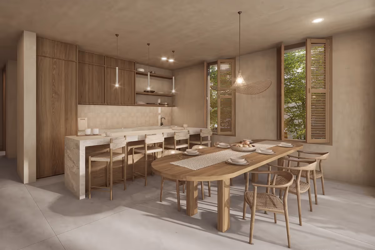 Interior design with local wood finishes for those looking to buy apartment in Tulum