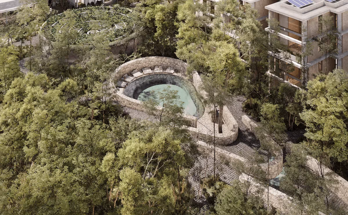 Gound floor serene pool surrounded by lush greenery at Mayab Tulum - a perfect residential development to purchase property in Tulum