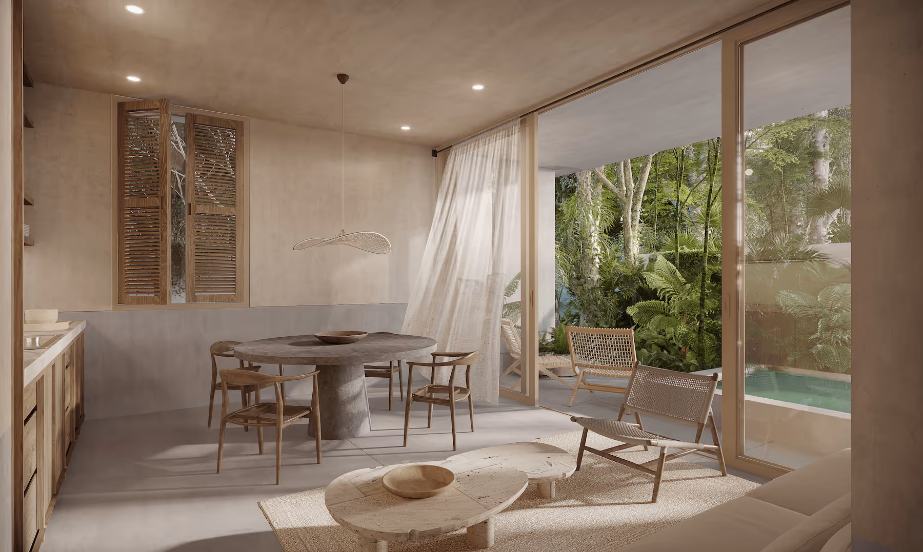 Departamento en Tulum con diseño contemporáneo, vista exterior rodeada de vegetación, destacando entre las propiedades en Tulum