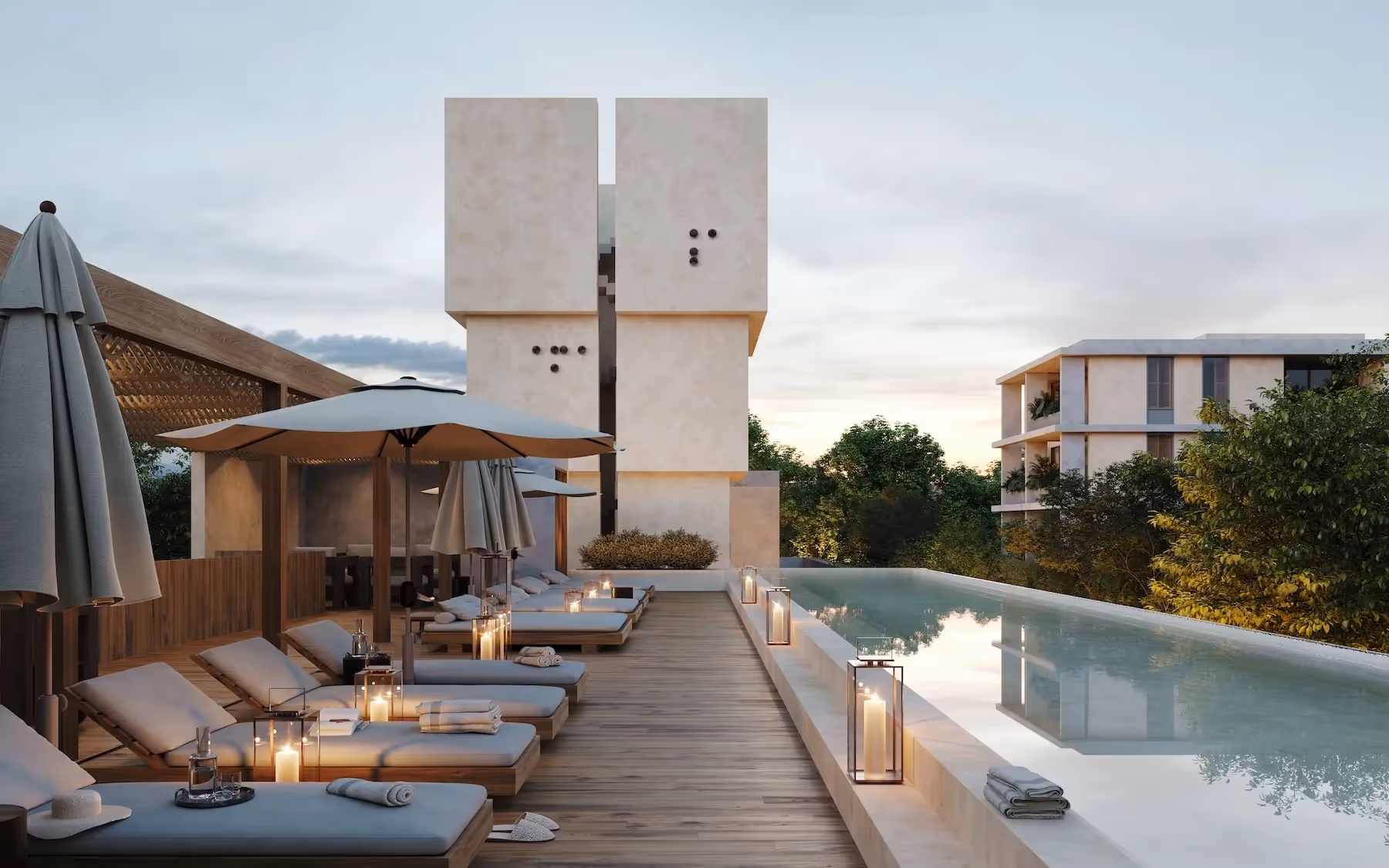 Rooftop terrace and sun lounge at real estate investment Mayab Tulum