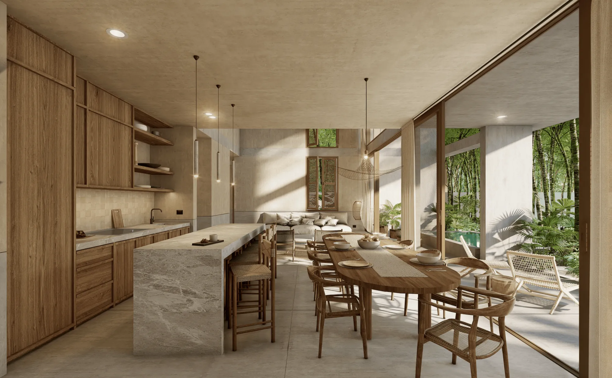 Minimalist interior with chukum walls, built-in sofa, and soft neutral palette reflecting the calm design trend of condos in Tulum.