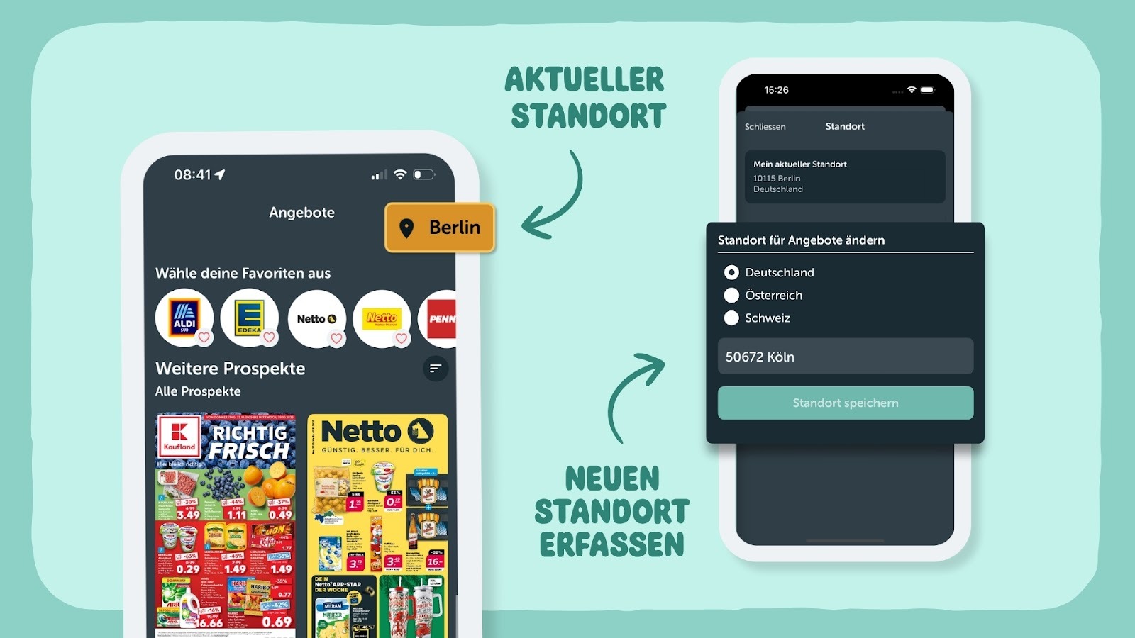 Schritt 1: Aktuellen Standort antippen, Schritt 2: Neuen Standort auswählen