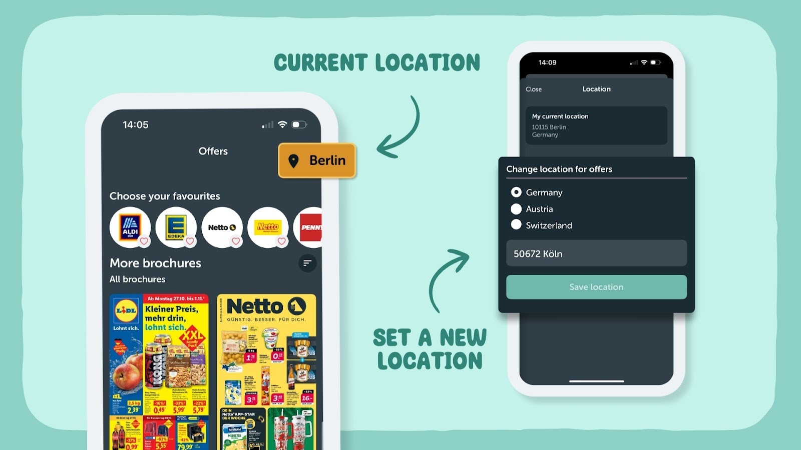 Step 1: Tap on your current location, step 2: choose new location