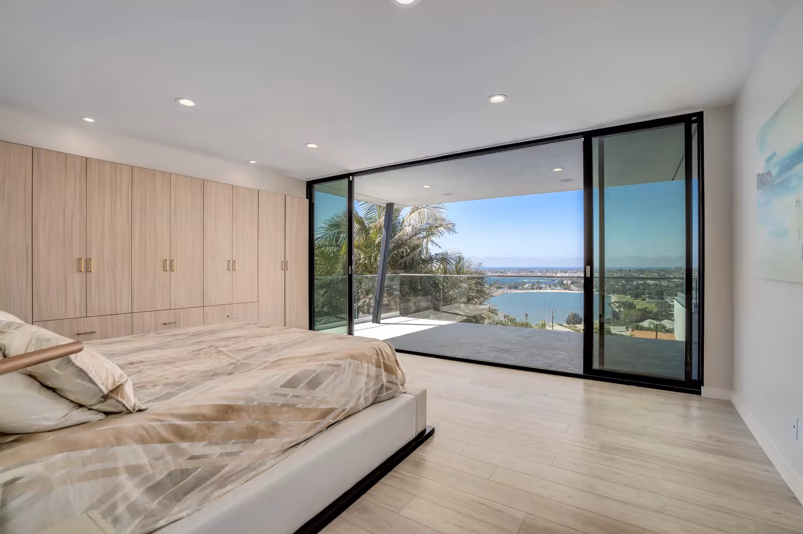 Interior photo of a custom modern home in San Diego overlooking the bay with a balcony