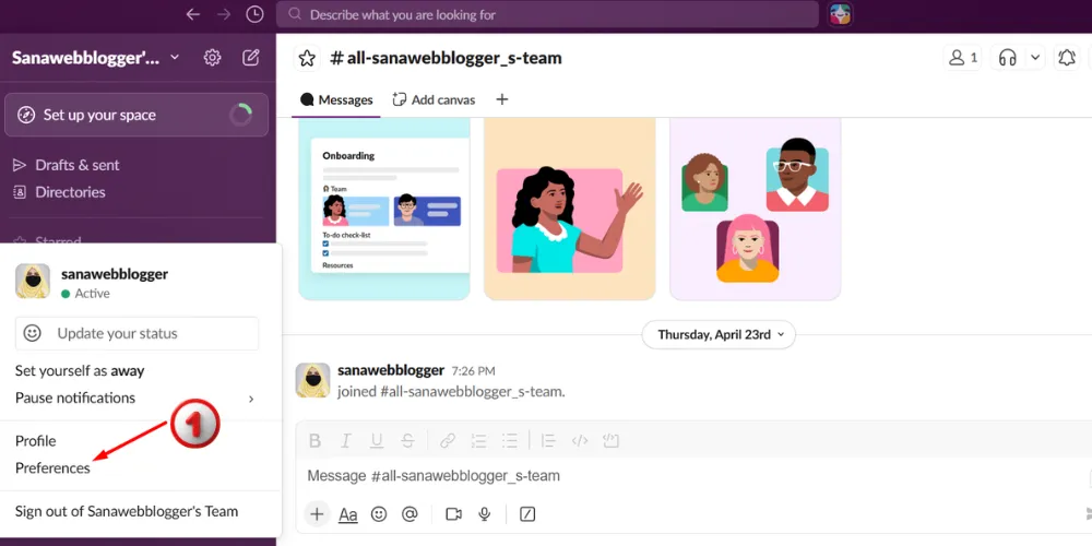 slack in app preference tab