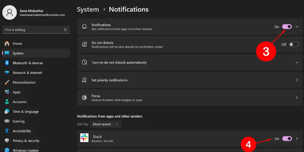 Enable notification sounds for Slack in Windows settings