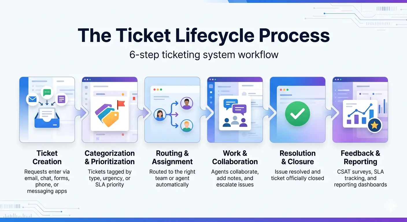 Ticket Lifecycle process that sohws 6 steps