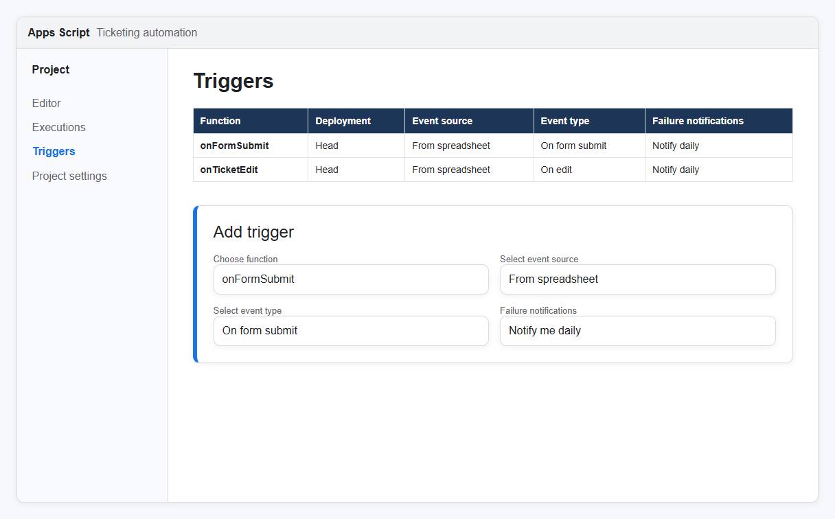 Apps Script trigger settings for Google Forms ticket notifications using on form submit and on edit events.