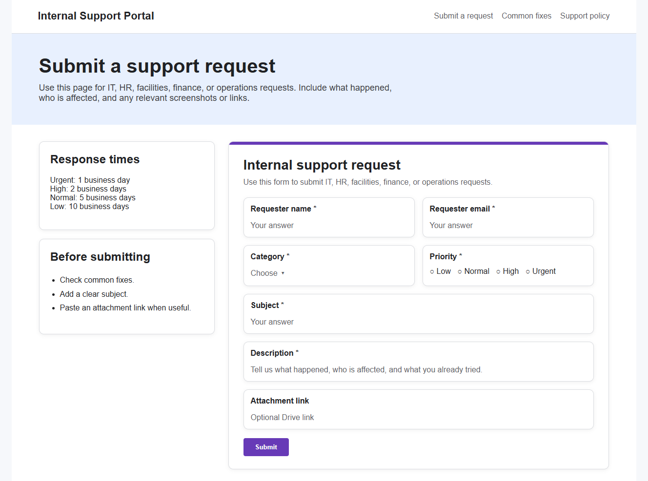 Internal Google Site ticket portal with an embedded Google Forms support request form.