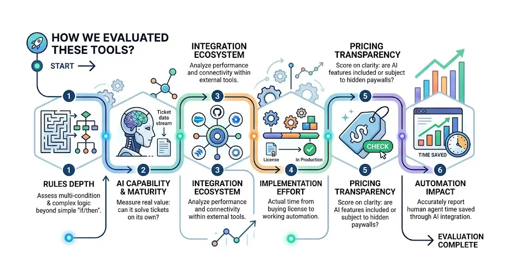 six step evaluation of AI automation ticketing system process