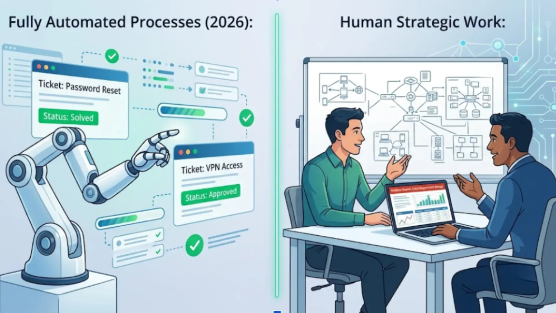 Side by side comparison showing automated AI resolving password and access tickets instantly