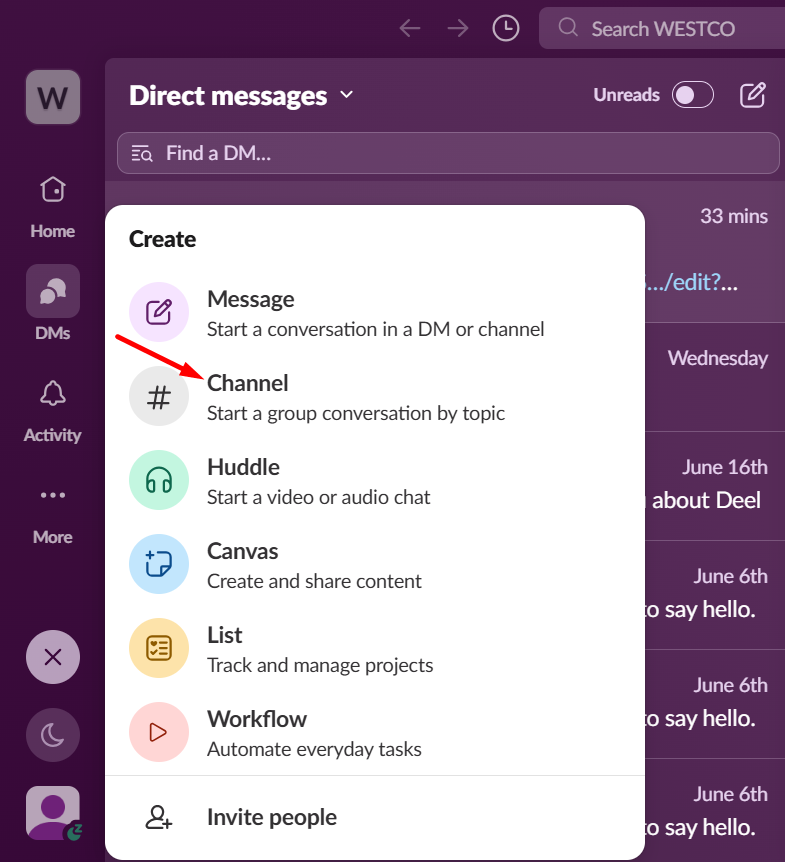 slack channel creation