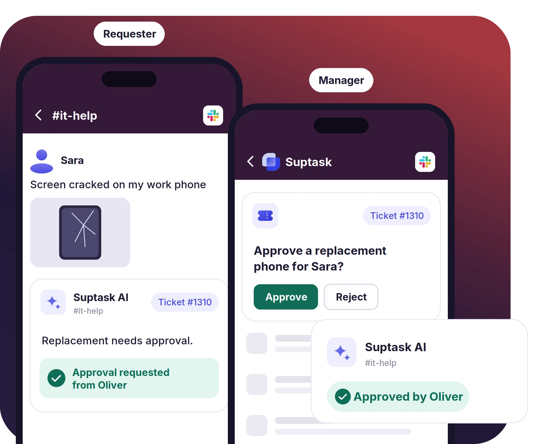 A requester and an agent using Suptask inside the Slack mobile app.