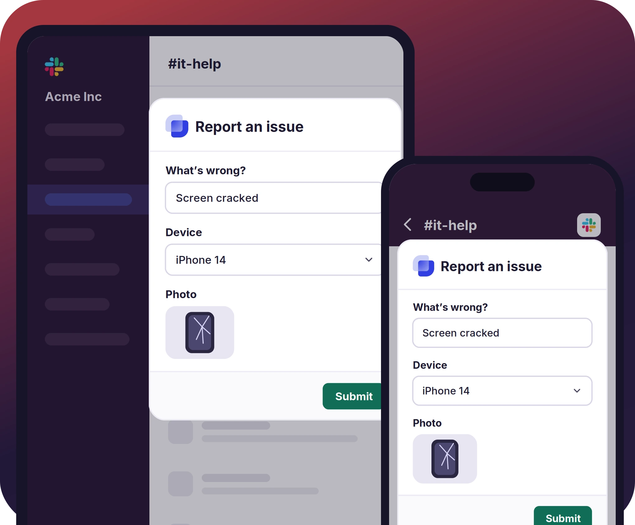 The same Suptask form open in Slack on a tablet and a phone.