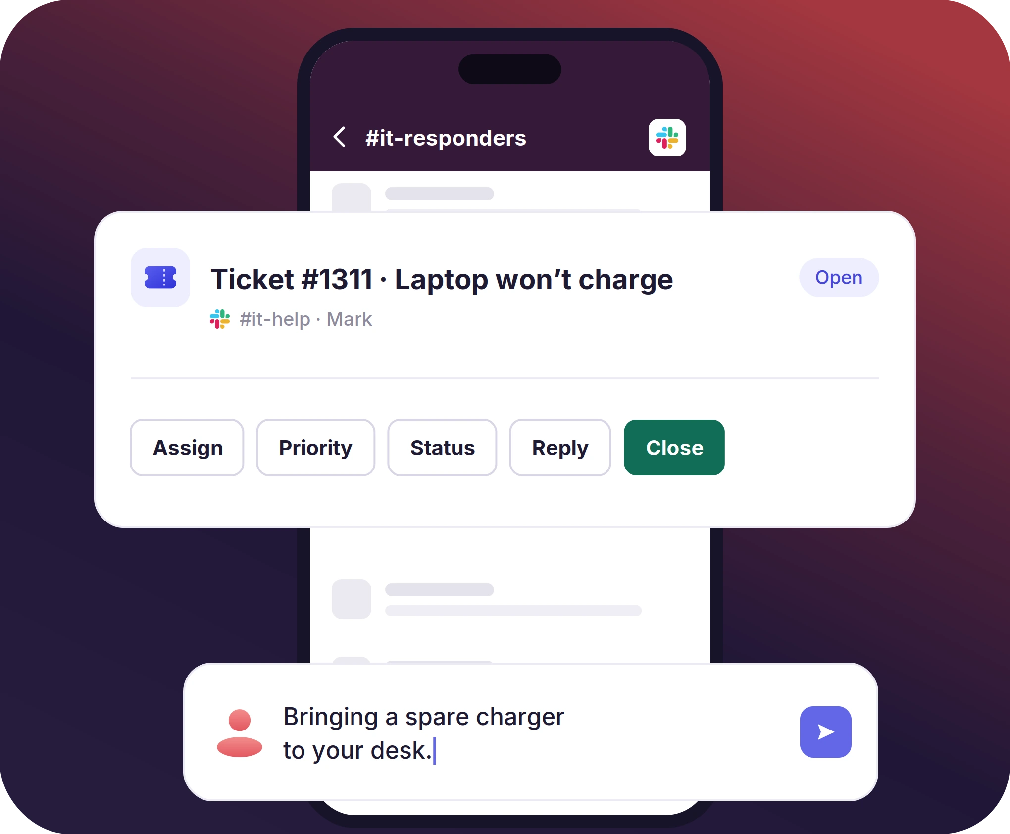 An agent managing a ticket from the Slack mobile app.