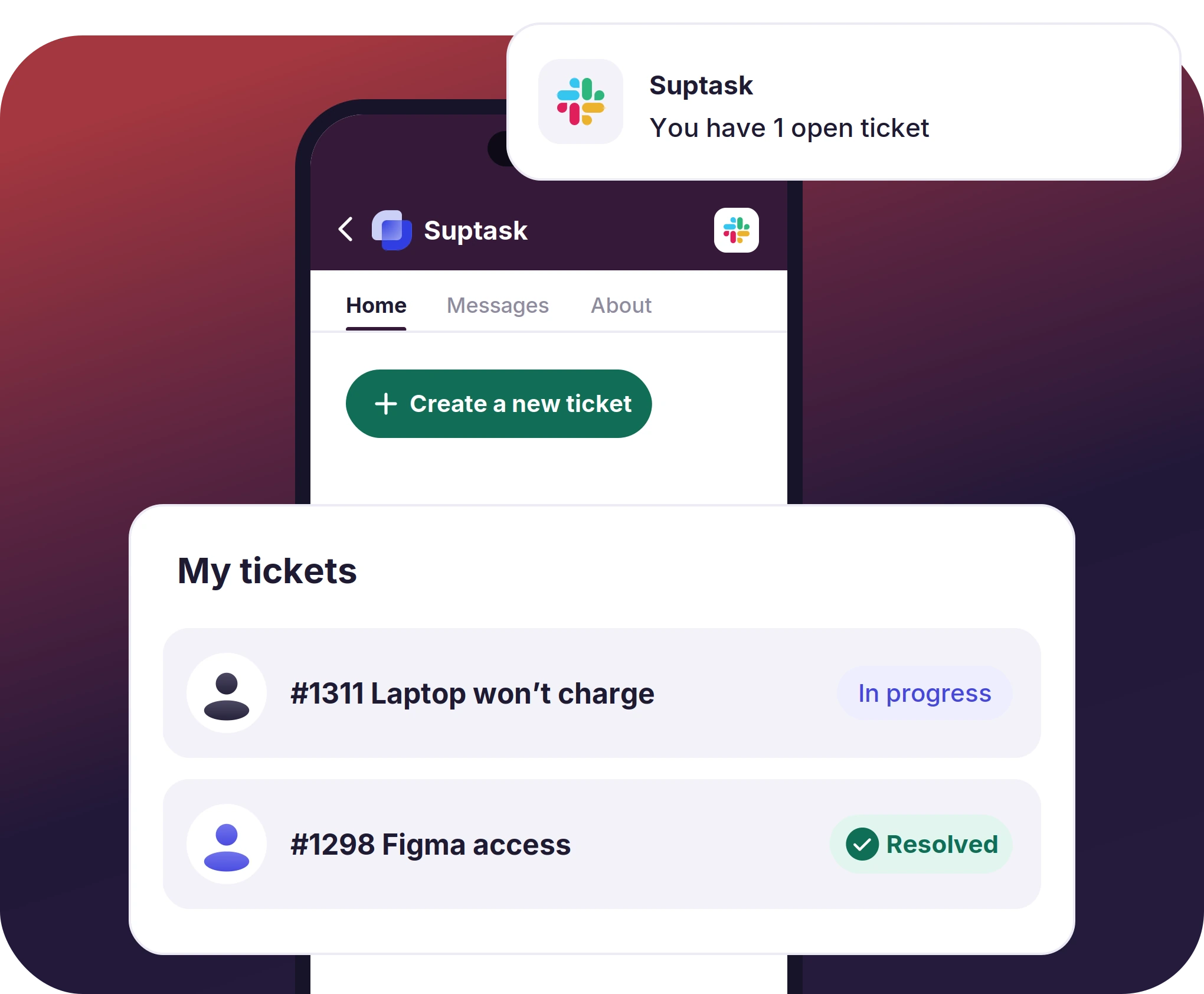 A requester's open tickets and a digest notification in the Slack mobile app.