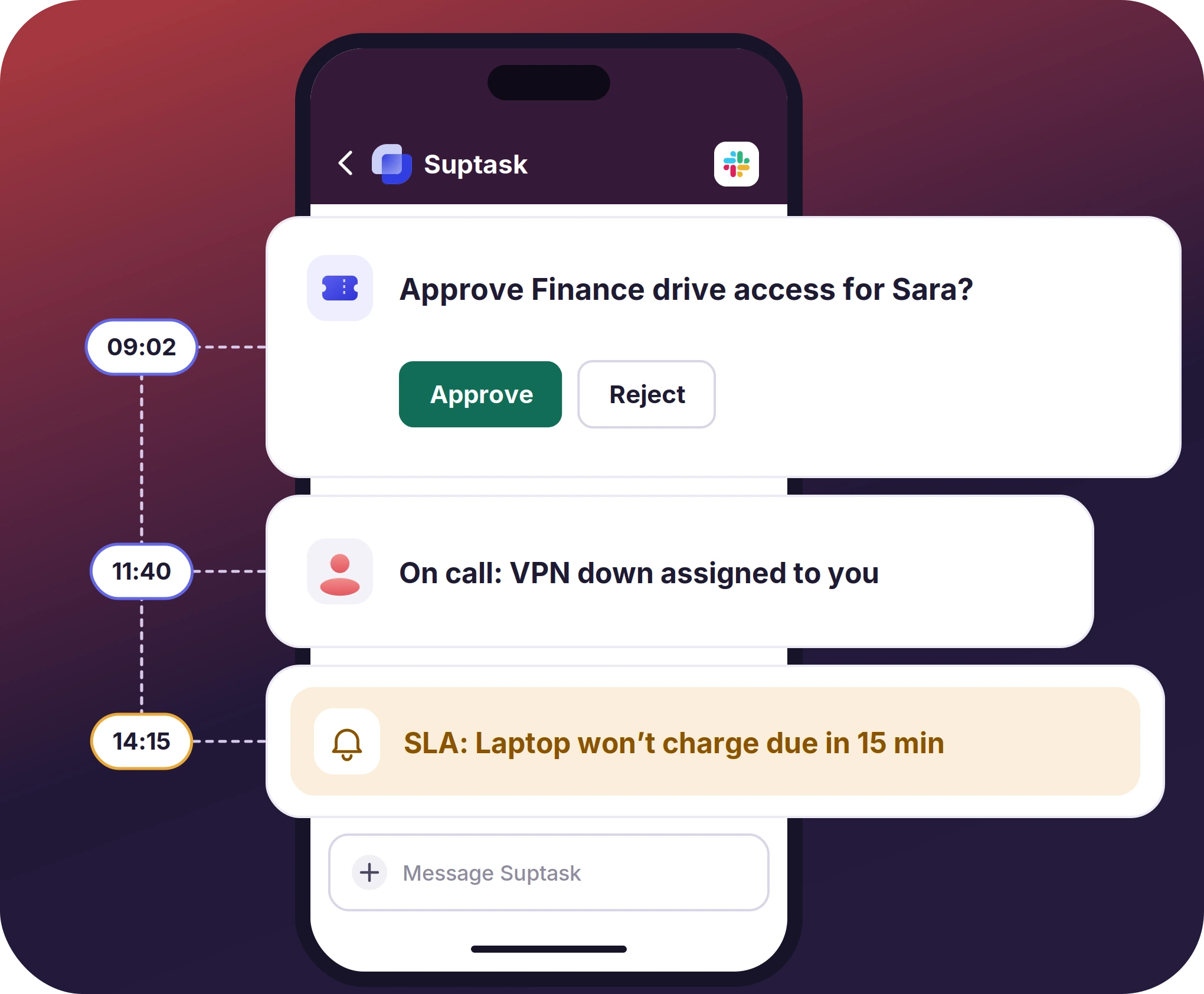 Approval, on-call, and SLA notifications on a phone through the day.
