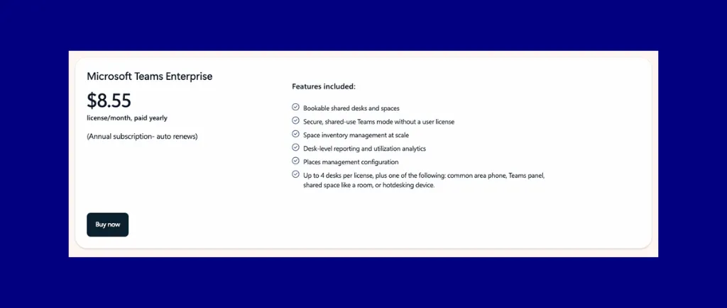 Microsoft Places desk booking software pricing