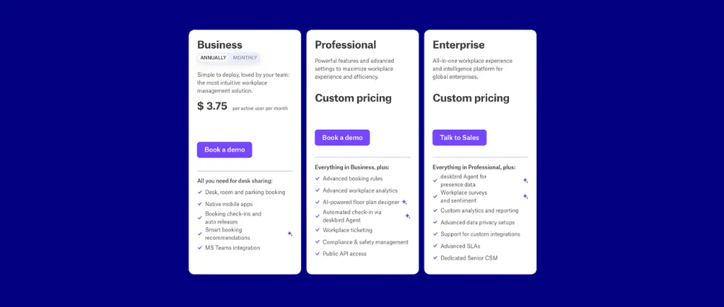 deskbird meeting room booking software pricing