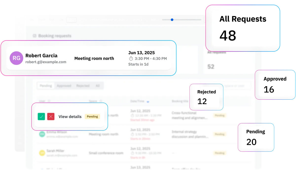 Floor plan showing office layout with areas labeled entry, reception, office desks, meeting rooms, and standing desks with green dots marking occupied seats.