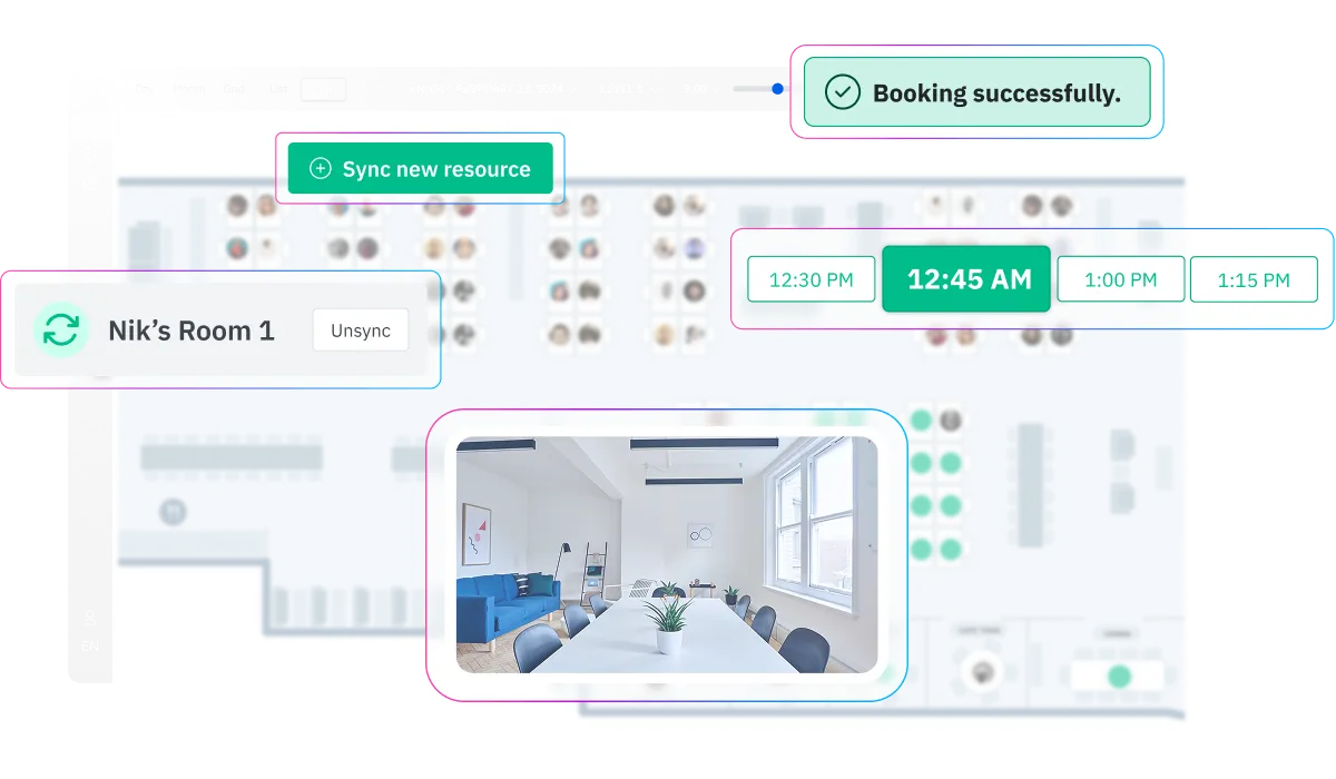 Floor plan showing a board room with a projector, reception area, entry, lounge, and meeting spaces labeled by date and time filters at the top.