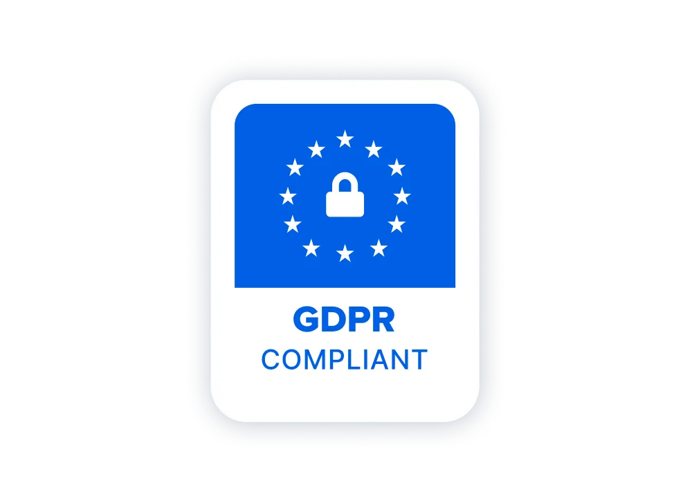 Blue GDPR compliant badge with a lock surrounded by stars on a white background.