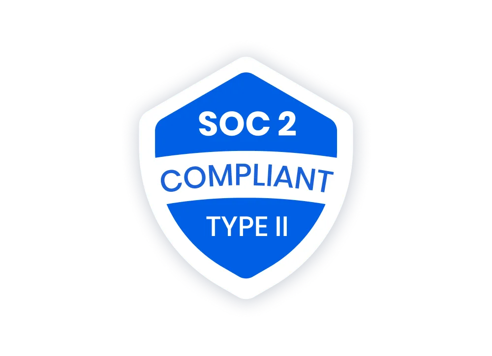 Blue and white shield badge with text SOC 2 compliant type II.