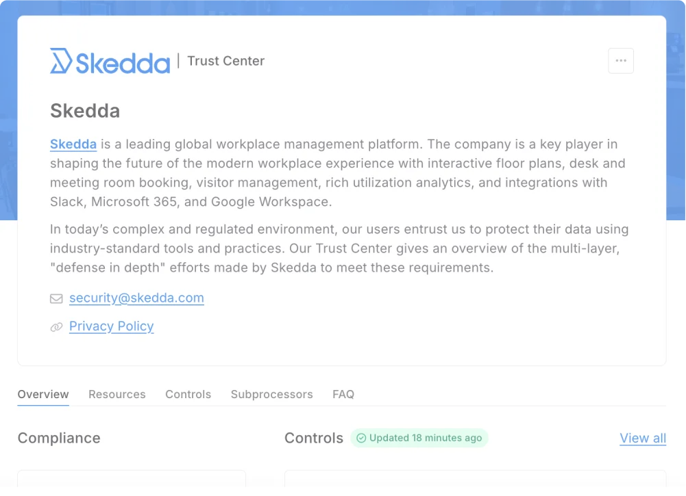 Skedda Trust Center page describing workplace platform, data protection, contact email, and privacy policy.