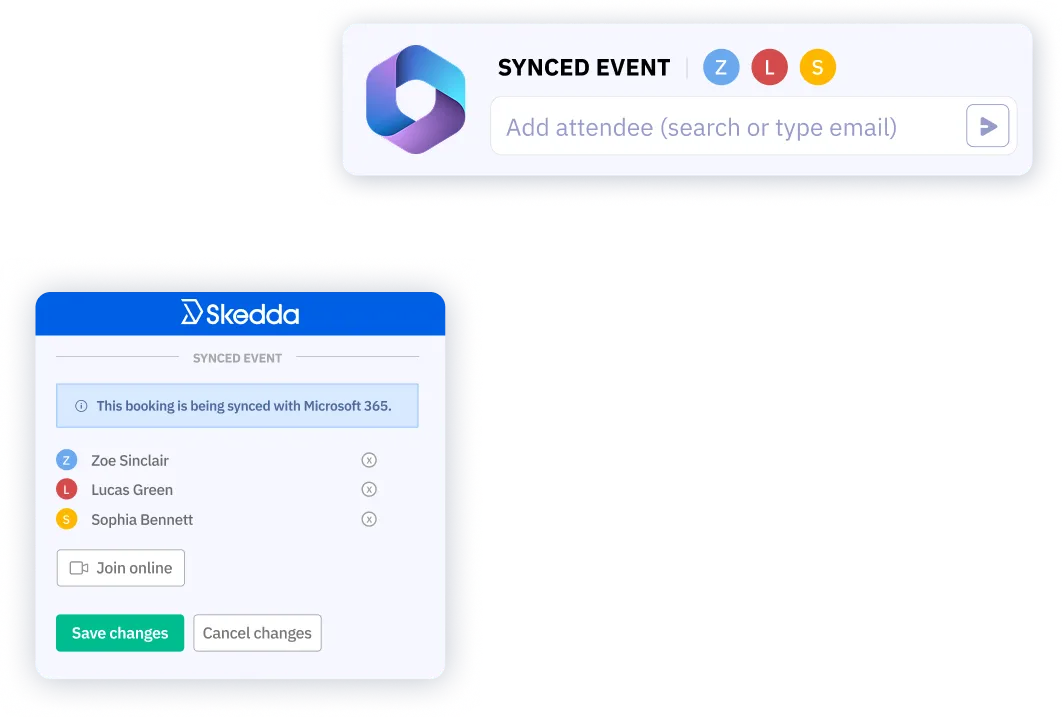 Skedda event syncing interface showing attendees Zoe Sinclair, Lucas Green, Sophia Bennett, and sync with Microsoft 365.