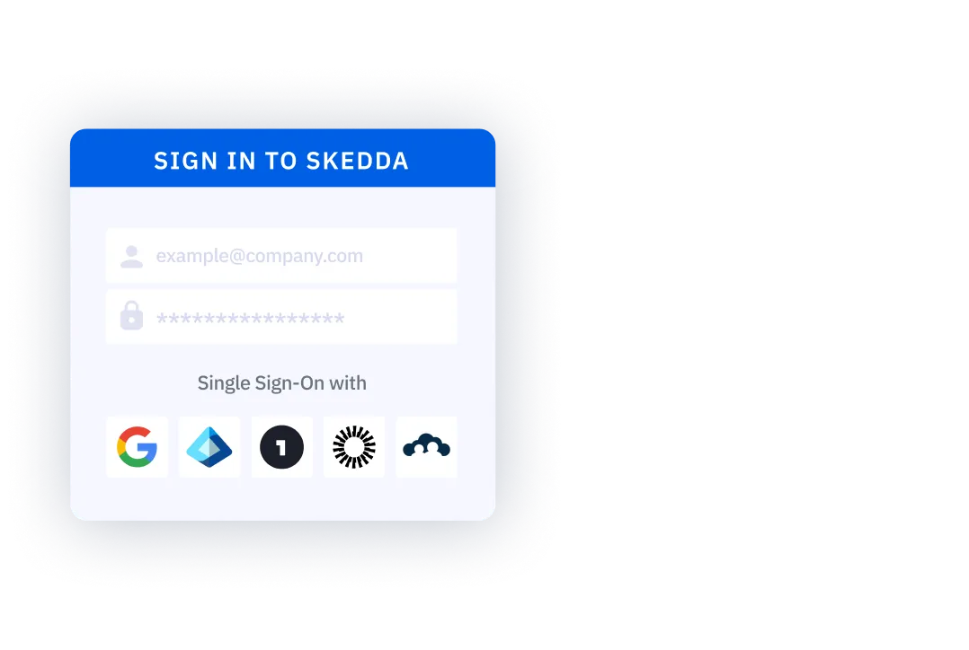Login form titled Sign In to Skedda with email/password fields and single sign-on options.