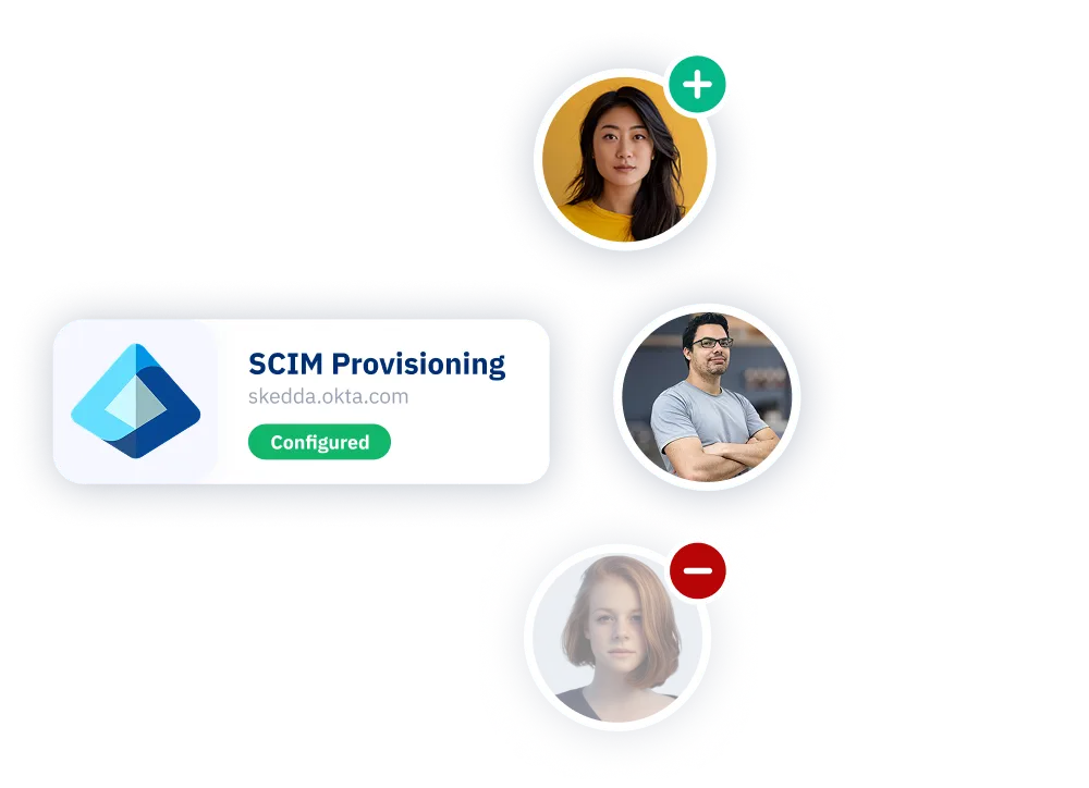 SCIM Provisioning card with three user avatars, one with a plus and another with a minus sign.