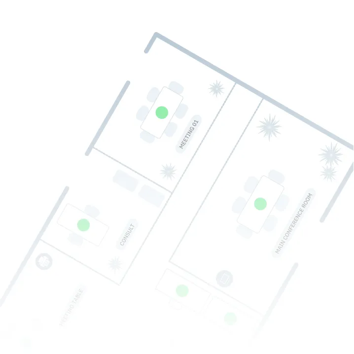 Floor plan showing rooms labeled Meeting 01, Consult, and Main Conference Room with tables and chairs.
