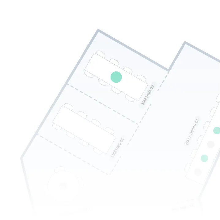 Floor plan showing two meeting rooms and a section of wall desks with chairs and round tables.