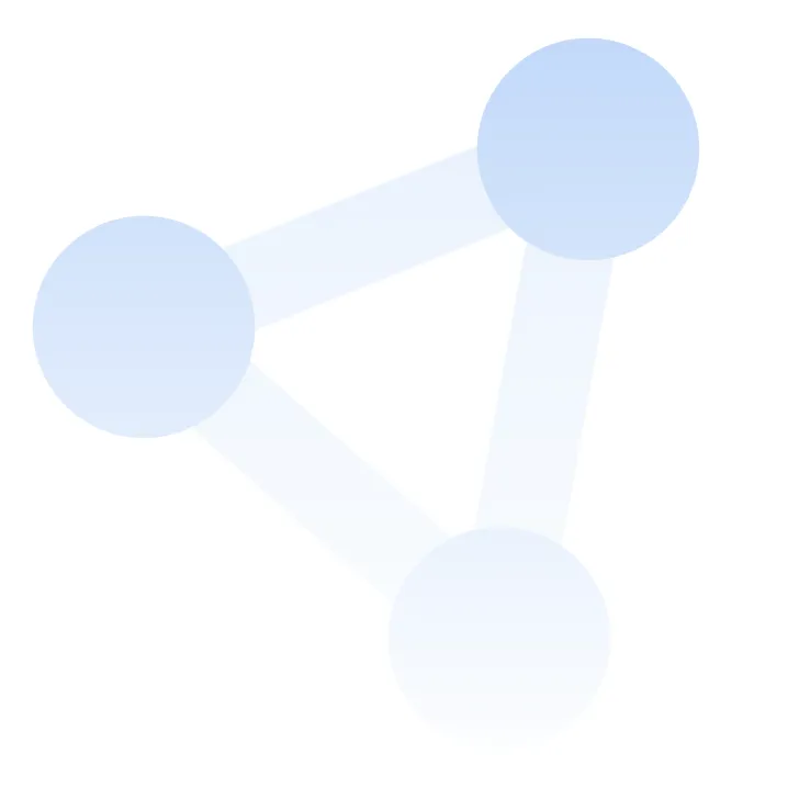 Three blue circles connected by translucent blue lines in a triangular shape on white background.