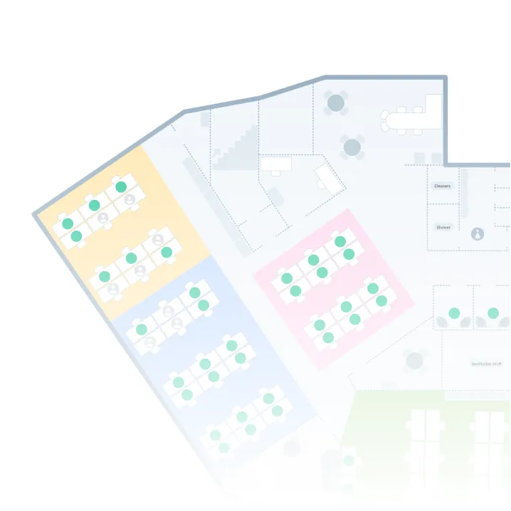 Partial office floor plan with desks in yellow, blue, pink, and green zones and rooms for cleaners and shower.