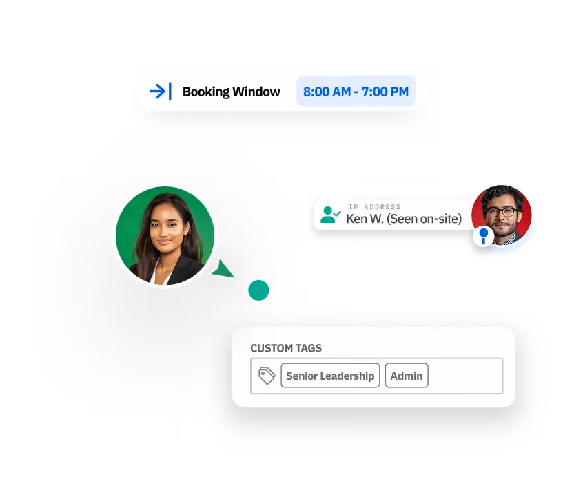 Profile photos with booking window 8:00 AM to 7:00 PM and tags Senior Leadership, Admin displayed.