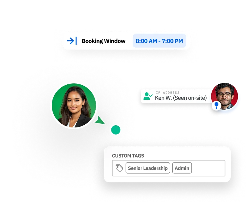 Profile photos with booking window 8:00 AM to 7:00 PM and tags Senior Leadership, Admin displayed.