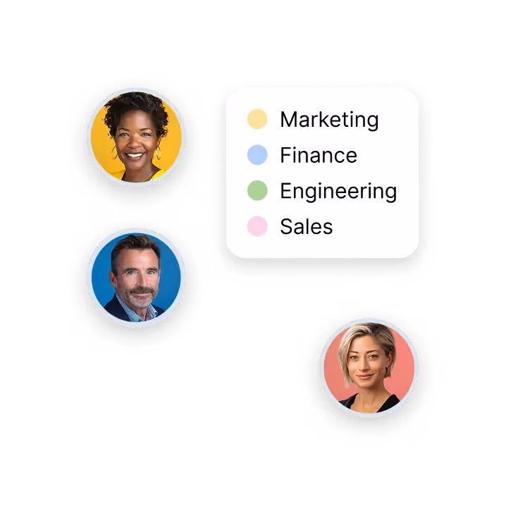 Three professional headshots with color-coded dots for Marketing, Finance, Engineering, and Sales departments.