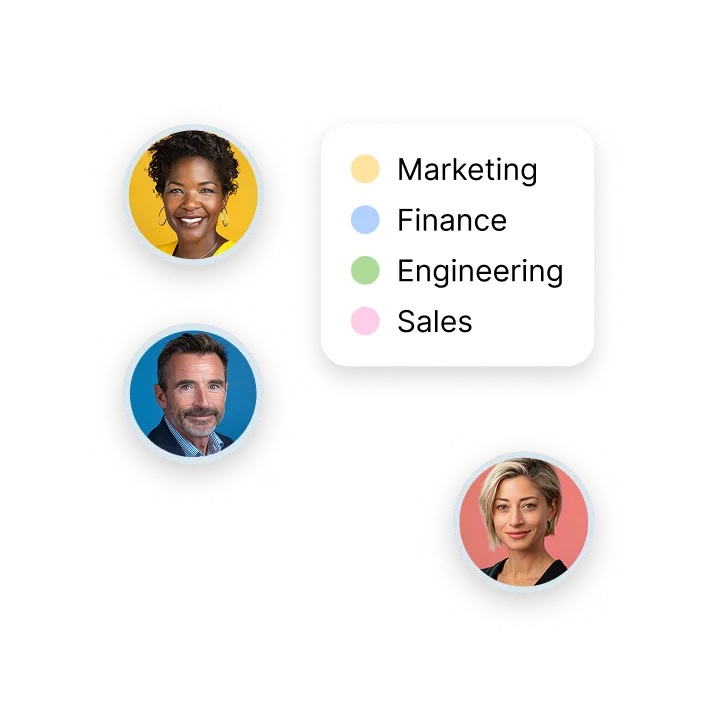 Three professional headshots with color-coded dots for Marketing, Finance, Engineering, and Sales departments.