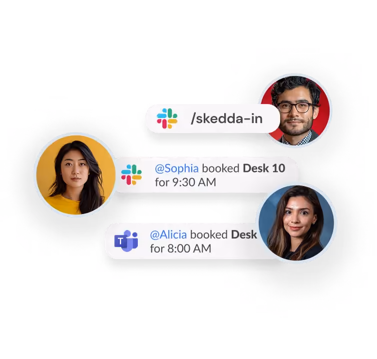 Profile pictures with Slack and Teams message bubbles about booking desks at 8 and 9:30 AM.