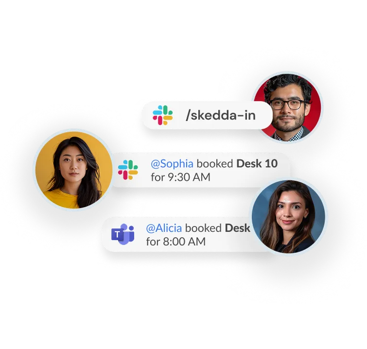 Profile pictures with Slack and Teams message bubbles about booking desks at 8 and 9:30 AM.