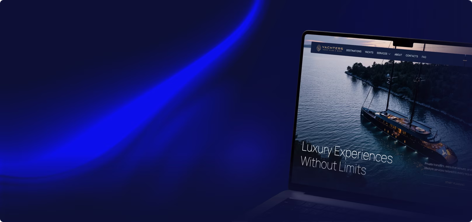 Laptop screen showing a yacht on water with text Luxury Experiences Without Limits and menu navigation.