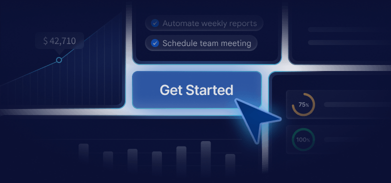 Cursor clicking a glowing 'Get Started' button on a dark dashboard interface with charts and checklists.