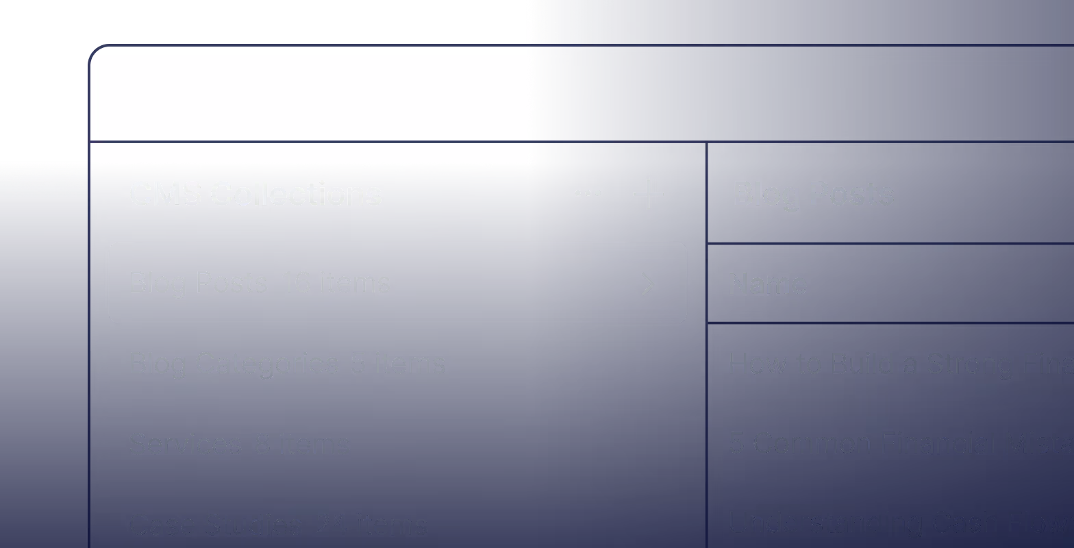 CMS Collections menu showing items for Blog Posts, Blog Categories, Services, and Case Studies.