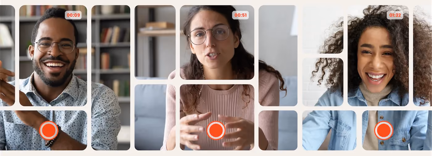 Three people participating in video calls with recording icons and timestamps visible on their screens.