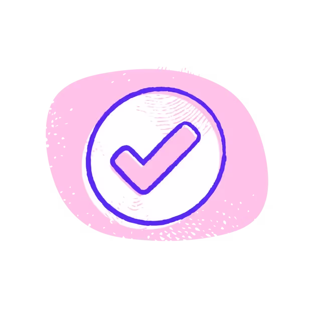 A purple check mark on a pink background