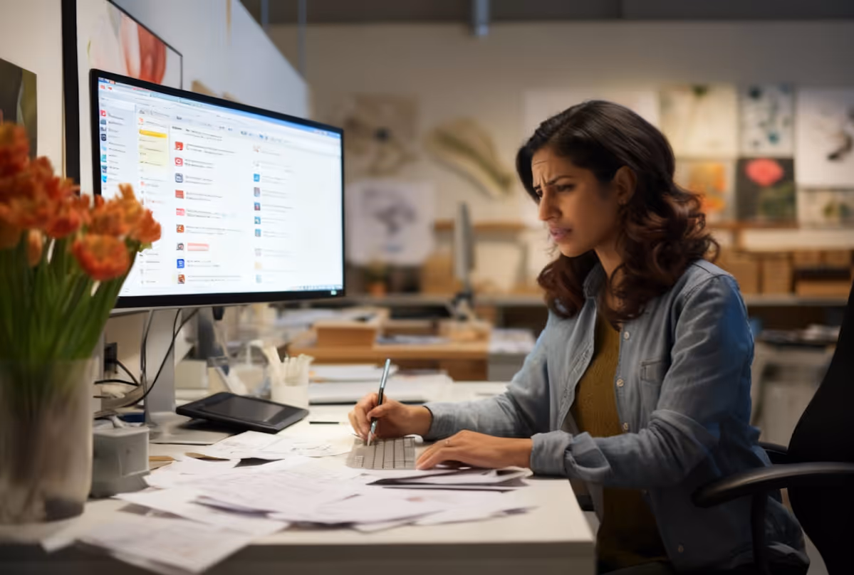 Woman with a concerned expression working at a cluttered desk with papers, using a keyboard and pen, and a large computer monitor in front of her.