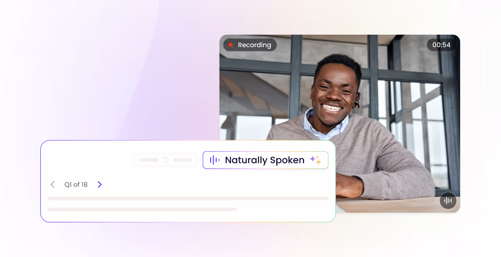 Smiling man wearing earbuds on a video call with an interface showing 'Naturally Spoken' and question navigation.