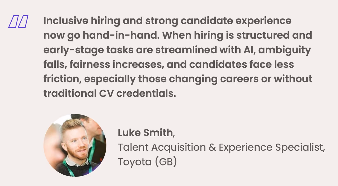 Inclusive hiring and strong candidate experience now go hand-in-hand. When hiring is structured and early-stage tasks are streamlined with Al, ambiguity falls, fairness increases, and candidates face less friction, especially those changing careers or without traditional CV credentials.
Luke Smith,
Talent Acquisition & Experience Specialist,
Toyota (GB)