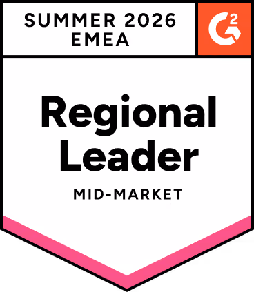 G2-Abzeichen „EMEA Regional Leader“ für das Mid-Market-Segment, Sommer 2026, mit rosa Rand.